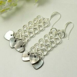 Handmade Silver Chainmail Dangle Earrings Hearts Mother of Pearl Shell
